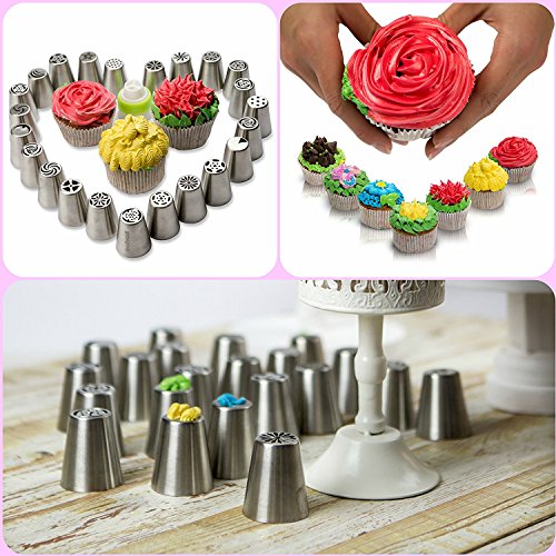 Russische Paspelierung Tipps 39 Stück, Spritzbeutel Düsen DIY Backen Werkzeug für Kuchen Dekoration, 23 Größe Edelstahl Russische Tipps, 1 Dreifarbige Kupplung und 15 Einweg Gebäck Staubbeutel. Best Küche Geschenk - 8