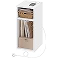 WOLTU Slim Bedside Table with Charging Station, Nightstand with 2 Sockets & 2 USB Ports, Narrow Side Table with 2 Open Compartments, White Small Table for Bedroom Living Room, 25x30x60cm