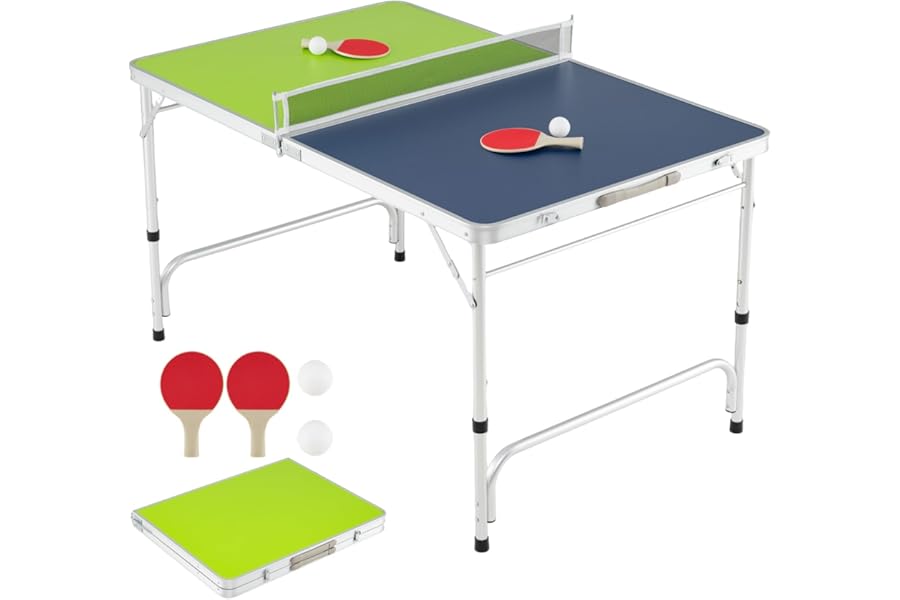 COSTWAY Folding Table Tennis Table, Portable Ping Pong Desk with Net, 2 Paddles and Balls, Indoor Outdoor Family Game Tables