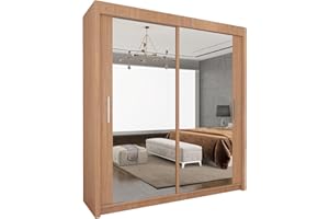 UK SLIDING WARDROBE Modern Full Size Double Mirrors 2&3 Sliding Doors Wardrobe With Adjustable Shelves, Hanging Rails,Bedroom Furniture (Oak, 150cm)