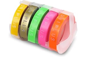 UniPlus Dymo Ruban de Marquage 3D 9 mm x 3 m Blanc sur Rose/Vert/Orange Fluorescent/Or/Jaune Compatible avec Dymo S0717900 Junior, Dymo S0717930 Système de Marquage à Usage Domestique Omega, Lot de 5