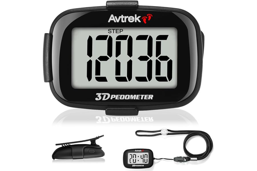 AVTrek Step Counter with Clip and Lanyard, 3D Pedometer with Time Display and LED Backlight, Simple Step Counter for Walking and Running, Men, Women, Elder
