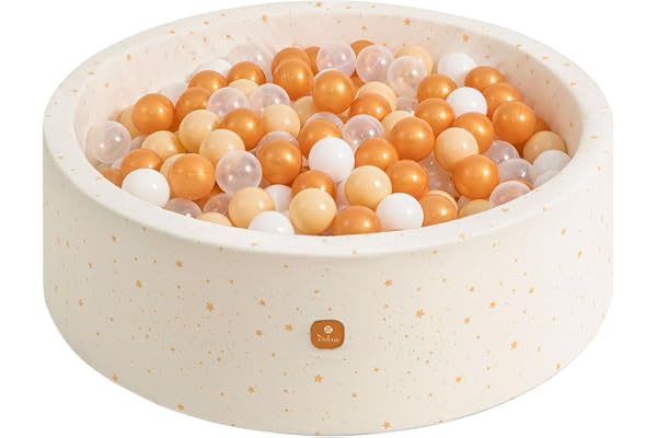 Dodozen Piscine à Balles Molles 90x30cm/200 Balles ∅ 7cm pour Bébé Enfant - Mousse Haute Résilience - Velours Super Doux - Nettoyage Amovible - Étoiles Dorées:Blanc/Transparent/Beige/Bronze