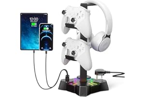 KDD Headphone Stand with USB Charger, Controller Stand for Desk, Headset Stand Holder with 2 USB Charging Ports and 3 AC Outlets Extension Lead Socket,Gaming Headset Desk Accessories