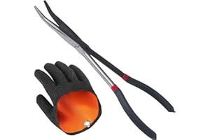 ZIGefofo 1 Pièce Pince de Pêche Coude 28 cm avec 1 Gants de Pêche à Droite Accessoires Pêche Carnassiers Ensemble de Pinces de Pêche pour Libérer Les Hameçons, Poisson-Chat, Brochet, Pêche