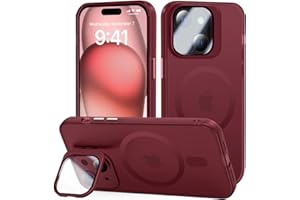 Tigratigro Case with Kickstand, Compatible Mag-Safe with iPhone 15, H9 Tempered Glass Camera Protection, Frosted Translucent Back Cover, Anti-Fingerprint, Velvet Touch(Dunkelrot)