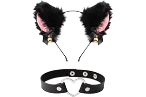 无品牌 Diadema con orejas de gato, diadema y collar ajustable, para mujeres, niñas, fiestas de Halloween, cumpleaños, cosplay (negro)