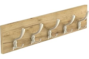 HWS FURNITURE Garderobenleisten, Kleiderhaken Wand– 65 cm – mit soliden 5 Haken Wandaufhänger, Garderobenhaken, Wandgarderobe für Flur, Ankleidezimmer, Schlafzimmer und Badezimmer (Eiche/Satin)