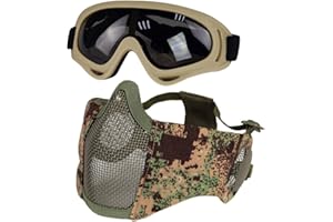 YZPACC Maschera Airsoft con occhiali, pieghevole mezza faccia Airsoft Mesh Mask con protezione per le orecchie per Paintball Shooting Cosplay CS Game