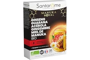 Santarome Bio - Ginseng Guarana Acérola Miel de Manuka Bio - Complément alimentaire énergie & immunité - Booster d'énergie - 20 ampoules - France