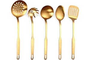AAPHNUE Dciustfhe Ustensiles de cuisine en acier inoxydable - 5 pièces - Louche - Set d'outils de cuisine - Doré