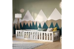‎CRAZY PINE Crazy Pine Kinderbett 120x180 cm – Montessori Bodenbett mit Rausfallschutz 40cm und Öffnbarer Barriere - Weiß mit Glatter Oberfläche - Perfekt für Jungen und Mädchen Crazy Johnny