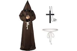 ANIEPAA Disfraz Monje Hombre con Capucha Y Cruz, Disfraz Halloween Hombre, Disfraz Sacerdote Hombres, Hombres Cosplay Túnica Capucha Túnica Disfraz Monje para Halloween, Medieval, Renacimiento (Marrón, XL)