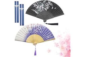 HEAWAA 2Pcs Folding Hand Fans, Chinese Style Handled Fan with Tassels Handheld Folding Silk Fan for Women Birthday Wedding Party Wall Decoration (Purple-Black)