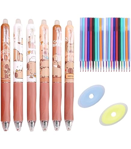 UYVPAER Lot De 6 Stylos Capybara Rétractables À Encre Gel Effaçables À Pointe Fine De 0,5 Mm,Avec 20 Recharges En 10 Couleurs Et 2 Gommes Pour Bureau, École, Femmes, Filles