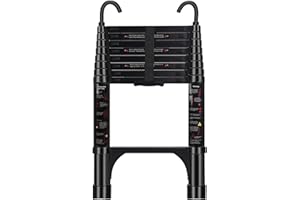 EXLEITER Telescopic Ladder, 2.6M Aluminium Extendable Telescoping Ladder with Hooks, Non-Slip Feet Adjustable Height for Roof and Home Renovation(Black)