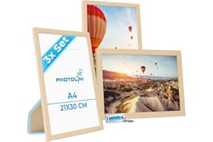 PHOTOLINI Bilderrahmen A4 Holz MDF Natur, 3er Set DIN A4 Bilderrahmen 21x30 cm, bruchsicheres Acrylglas, picture frame zum Aufhängen & Aufstellen, Rahmen mit Zubehör 30x21 für Fotos & Poster