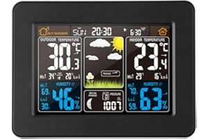 AOZBZ Stazione Meteo Digitale con Sensore Esterno, Wireless con termometro, rilevatore di umidità, barometro, Orologio e Sveglia, Fase lunare, con sensore Esterno, Nero