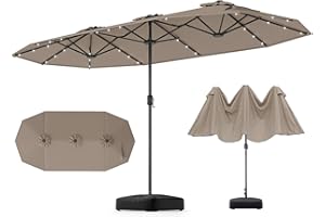 GOPLUS Parasol de Jardin Exterieur avec Pied, 4M Parasol Double Face avec LED, Manivelle et Ventilation, Grand Parasol Extérieur pour 6 Personnes pour Marché, Piscine, Terrasse, Balcon (Café)