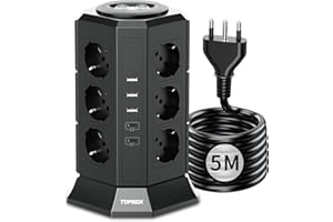 TOPREK Multipresa Verticale con 12 Prese Universali ITA 10/16A e Schuko e 2 USB C e 3 USB A (USB-C1 20W PD3.0 Ricarica Rapida), 4000W/16A, Ciabatta Multipresa con 2 Interruttore, 5M Cavo, Spina 16A