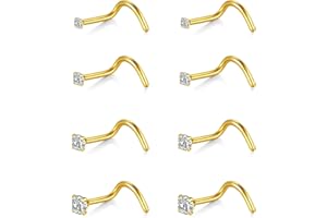 AceFun Piercing nariz,8 piezas 20G 22G piercing nariz perno forma L acero inoxidable pequeño diamante Plata Oro Piercing nariz fino para mujeres hombres sacacorchos piercing nariz perno tornillo