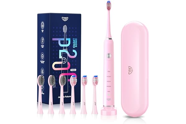 JTF Brosse À Dent Électrique Sonique Adultes avec 6 Têtes de Brosse et Étui de Voyage, Chargeur Rapide sans Fil et Longue Durée, 5 Modes et Minuteur Intelligent, Brosse À Dent Voyage, P200 Rose