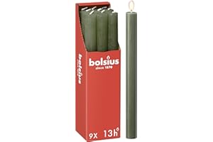 Bolsius - Rustik Lot de 9 bougies à tige - Vert olive - Longueur : 13 heures - Sans parfum - Cire végétale naturelle - Sans goutte - Sans huile de palme - 27 x 2,3 cm