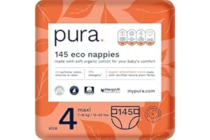 Couches Pura Premium Eco Taille 4 (Maxi 7-18kg / 15-40 lbs) Paquet mensuel 5 x 29 par paquet, 145 couches, écologiques, en coton biologique, protection contre les fuites pendant 12 heures.