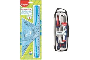 MAPED - Kit di tracciatura 4 pezzi con righello 30 cm, Rapportatore 180°/12 cm, Squadra 60°/21 cm, Squadra 45°/21 cm + Compasso 5 pezzi Stop System, colori blu o verde
