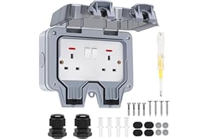 Chilymes Double Outdoor Socket Waterproof, Outside Plug Socket IP66 13Amp 2 Gang Switched Cover, Wall Electrical Outlet Socket Box…