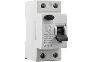 BAIFULAI Interruptor de protección Fi, 16 A, AC 230 V, 30 mA, C16, 1P+N, interruptor Fi, 2 pines, 16 A, interruptor de protección contra corriente residual, con protección contra fugas y sobrecarga