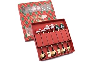 FARYODI Set di stoviglie natalizie, 6 pezzi, forchette e cucchiai in acciaio inox, piccolo cucchiaio da dessert, con confezione regalo (oro), scatola rossa