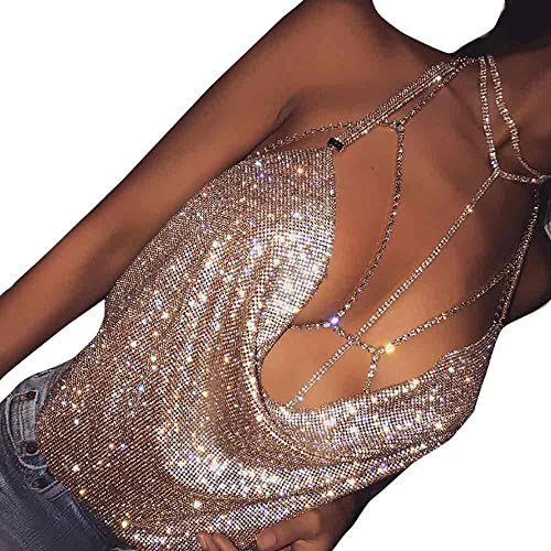 Vest Women, TUDUZ Newest Fashion Women Sexy V-Neck Halter Backless Chain Sequined Tank Vest Shirts Tops (Rose Gold, One Size)