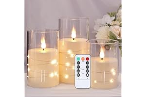 Kiexung LED-Kerzen, LED-Kerzen mit eingebauter Lichterkette, batteriebetriebene Kerzen, Plexiglaskerzen mit Fernbedienungs-Timer, festliche flammenlose Kerzen, Wohnkultur, 3-teiliges Set (Elfenbein)