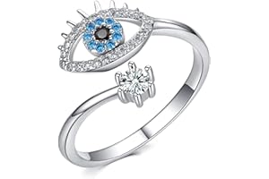Yifnny Böses Auge Ring, Glücks Türkischer Blauer Böses Auge Ring Zirkonia Verstellbar Offener Wickelring Hamsa Schutz Augenringe für Damen Mädchen