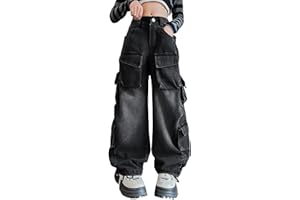 Rolanko Jeans Cargo da Bambina, Pantaloni Larghi Ragazze a Vita Alta Elasticizzati in Denim Vintage con Tasche Multiple