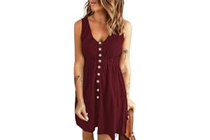 AUSELILY Vestito Donna Estivo con Scollo a V Senza Maniche Lunghezza al Ginocchio Elastico in Vita Decorazione con Bottoni Abito Casual con Tasch
