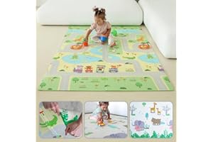 MIKMEL Foldable Baby Crawling Mat, Double-Sided Play Mat Made of XPE Foam, Non-Slip & Waterproof, Compact Crawling Blanket with Streets/Animals Design for Children's Room, 180 x 120 x 0.8 cm