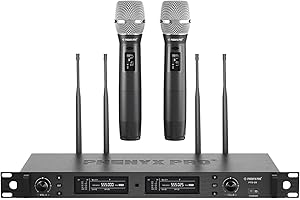 Phenyx Pro Microfono Wireless Professionale a Doppia Diversità con Auto Scan - Set di 2 Microfoni Wireless UHF, 2x1000 Canali, 328ft per Palco e Studio (PTU-2U)