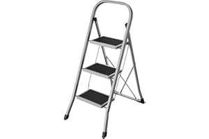 SONGMICS Marchepied 3 Marches Pliable, Escabeau, Verrou de Sécurité, Facile à Ranger, Charge 150 kg, Gris Tourterelle GSL003GY01