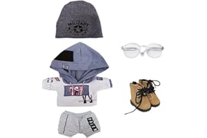 niannyyhouse Ropa de muñeca de felpa de 20 cm, gorro, bloqueo de color, pantalones con capucha, gafas, zapatos, 8 pulgadas, vestido de muñeca (blanco)