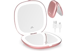 ‎WOBSION WOBSION LED Taschenspiegel mit 1X/10×Vergrößerung und Beleuchtung,USB Wiederaufladbarer Tragbarer Kleiner Reisespiegel mit Licht,750mAh Dimmbarer Zweiseitiger Handspiegel für Makeup,Rosengold