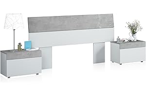 duehome | Cabecero con 2 mesitas, Dormitorio, Modelo Axel, Acabado en Blanco Artik y Gris Cemento, Medidas: 176 cm (Largo) x 96,5 cm (Alto)