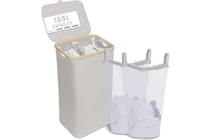 NOSTHEART 100L Cesto Portabiancheria con Coperchio, Cesta Portapanni con 2 Scomparti con Manici Laterali in Bambù, Cesto Biancheria Sporca Salvaspazio e Pieghevole, L