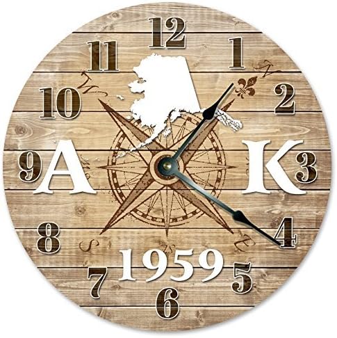 ALASKA STATE CLOCK ESTABLISHED IN 1959 STATEHOOD Decorative Round Wall Clock Home Decor Large 10.5" COMPASS MAP RUSTIC COUNTRY HOME DECOR, Printed Wood Image