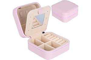 DARBERMU Mini Portable Jewelry Box Organiser, Travel Jewellery Case, Leather Double Layer Jewelry Box with Mirror, Rings Earrings Necklace Bracelets Jewelry Gift Box Girls Women (Pink)