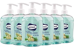 Milmil Sapone Liquido, Fragranza Tea Tree Oil, Formula Idratante per Pelli Sensibili, con Dispenser, Sapone Mani, Viso e Corpo, Dermatologicamente Testato - 6 x 500 ML