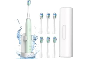 COULAX Cepillo de Dientes Eléctrico Sónico para Familia - Cepillo Electrico Adultos Infantil con 6 Cabezales y Estuche de Viaje, 5 Modos y Temporizador, Cepillos de Dientes Ultrasónicos, Verde Claro