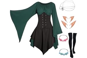 VELMAWIG Mittelalter Renaissance Kostüme Kleid Damen Trompetenärmel Gothic Retro Kleidung Karneval Kostüm Piraten Elfen Cosplay Outfit mit Elfenohren Haarschmuck Overknee Socken für Fasching Halloween