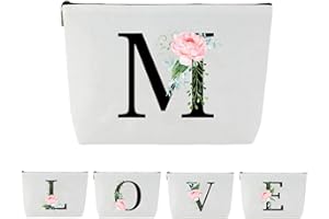 Blisswave Pochette Personalizzata dalla A alla Z, Regali per Donna, Mamme e Amica, Regali di Natale e Compleanno, Elegante e Carina Beauty Case da Viaggio con Iniziale Nome Floreale Rosa (Bianco)